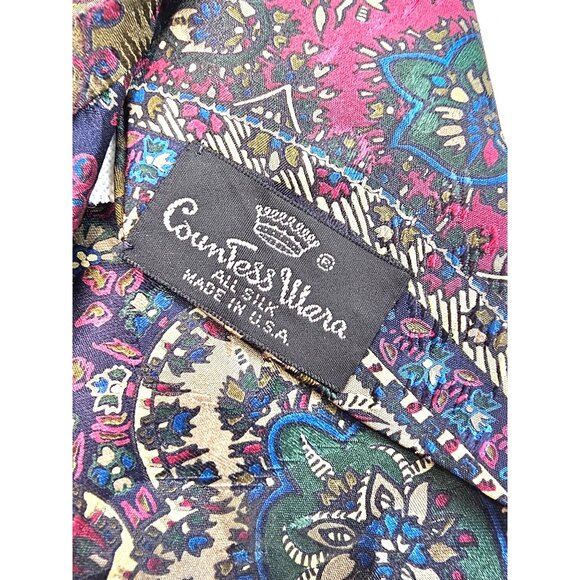 Countess Mara Levys Vintage Silk Tie Floral Paisley Print Red Navy Men Accessory - Picture 7 of 9
